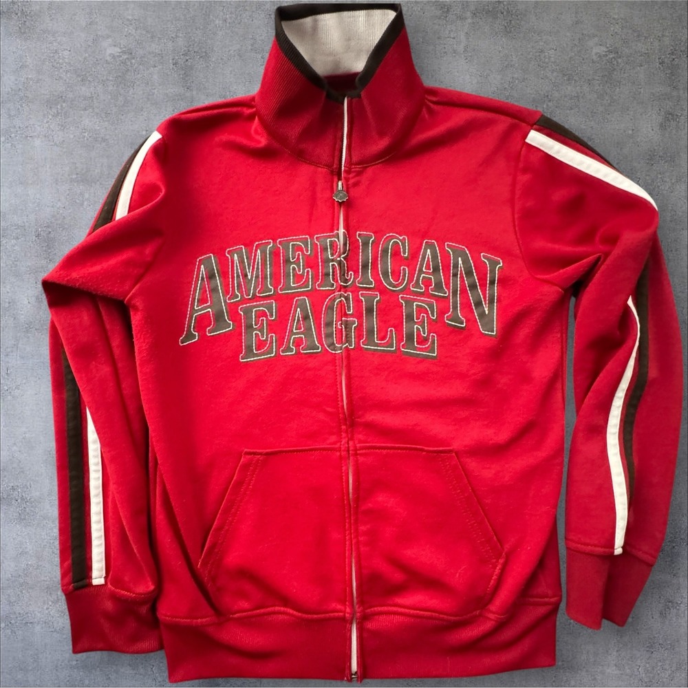 Y2K American Eagle Womens XS Track Jacket Red Varsity Spellout Full Zip AEO